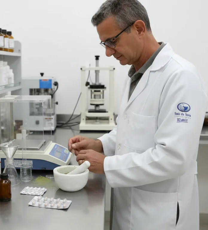 Farmacêutico manipulando fórmulas no laboratório da Sais da Terra em Santos